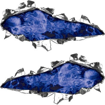 Ripped / Torn Metal Look Decals Inferno Skull Blue