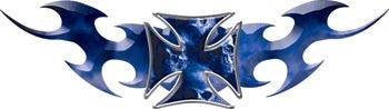 Tribal Flames With Maltese Cross Skull Blue