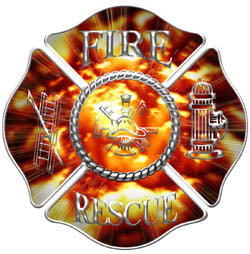 Maltese Cross Decal with Fire Rescue  - Flames