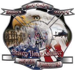 Bravery Honor Sacrifice Never Forgotten 9-11-01 2001 to 2011 anniversary memorial reflective firefighter deca