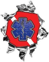 Mini Ripped Torn Metal Decal with Dive Flag With Blue Star of Life EMS Graphic