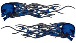 Evil Skull Retro Old School Style Flames In Inferno Blue