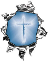 Mini Ripped Torn Metal Decal with Blue Religious Cross