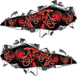 Ripped / Torn Metal Look Decals Tribal Hearts in Red