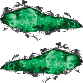 Ripped / Torn Metal Look Decals Inferno Skull Green