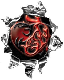 Mini Ripped Torn Metal Decal Tribal Heart Red