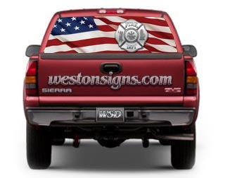 View Thru Firefighter Rear Window Graphic with American Flag