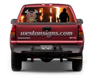 See Through Firefighter Rear Window Graphic with Maltese Cross and Fireman Mural
