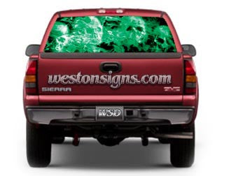 View Thru Skulls in Flames Window Graphic Green