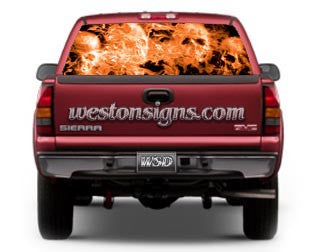 View Thru Skulls in Flames Window Graphic Orange