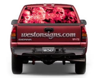 View Thru Skulls in Flames Window Graphic Pink