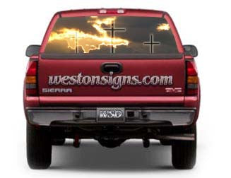 View Thru Three Crosses Religious Clouds Window Graphic